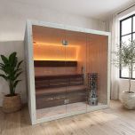 Finse sauna S-Line Nordiq 210 Double in een lichte Scandinavische ruimte met groot raam