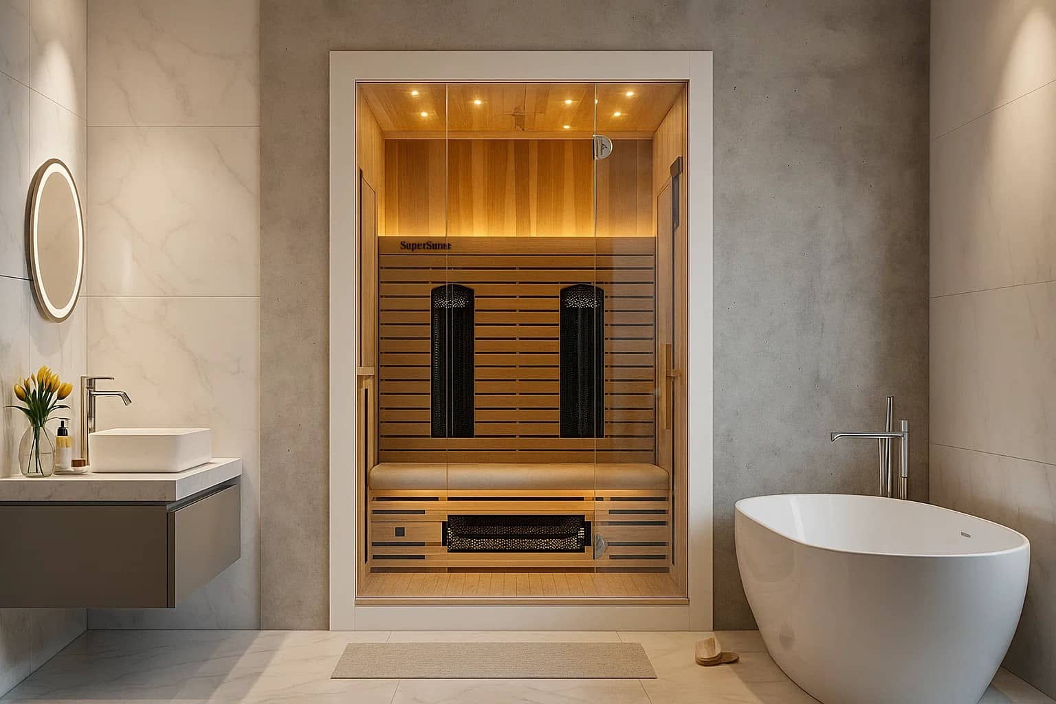 Stijlvolle sauna voor twee personen – past perfect in jouw badkamer 2-persoons infrarood sauna van hout geplaatst in een moderne badkamerv