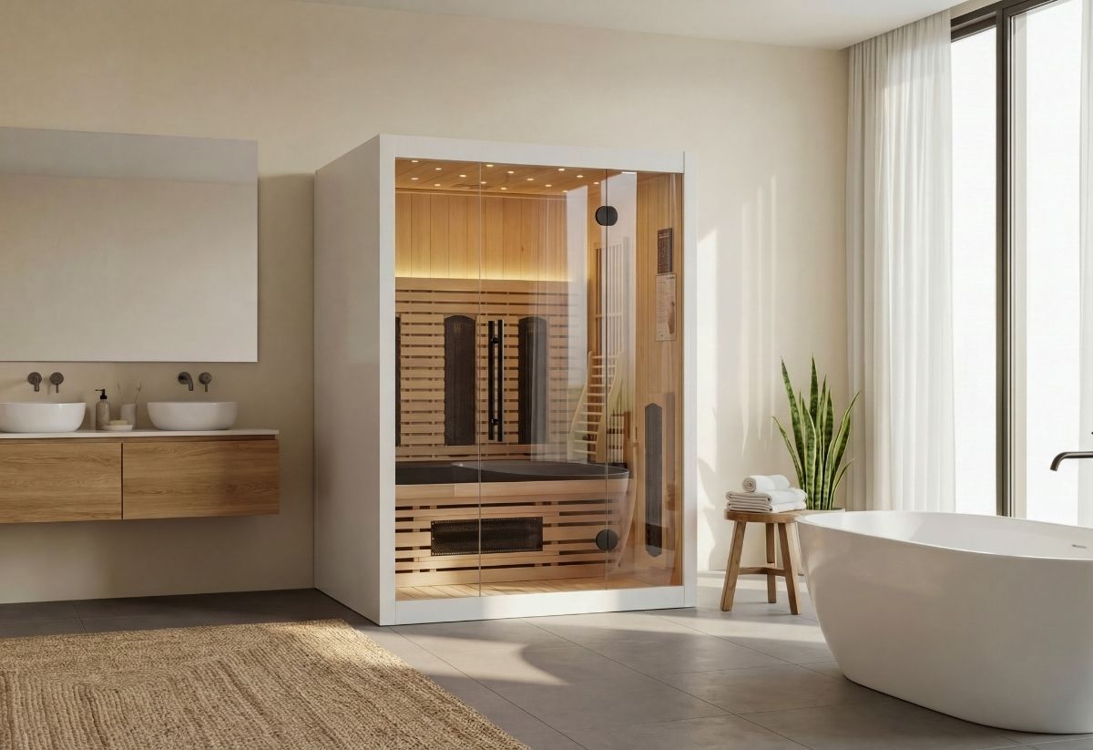 Infraroodsauna 165 Valero Pro – strak design, ruime cabine en therapeutische infraroodtechnologie. Moderne 4-persoons infraroodsauna 165 Valero Pro met glazen voorzijde en witte matte afwerking (RAL 9003), voorzien van 9 Infraheat™ stralers.