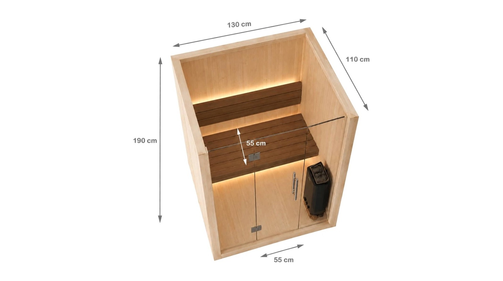 Afmetingen van de Finse sauna S-Line Nordiq 130, 130 x 110 x 190 cm, met een bankdiepte en een deurbreedte van 55 cm