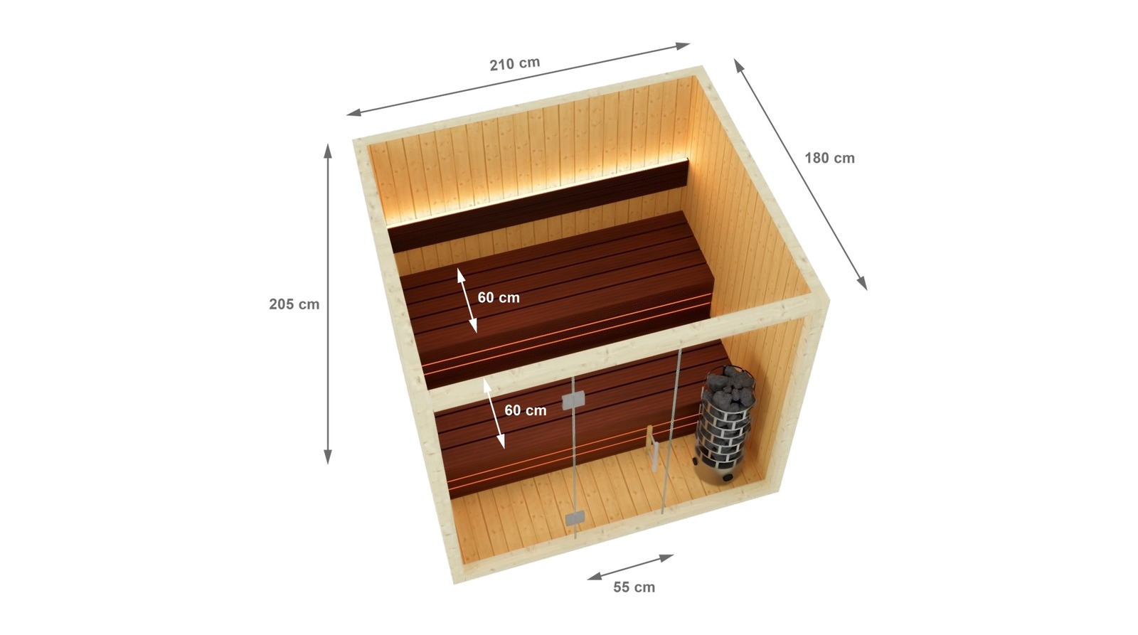 Afmetingen van de Finse sauna S-Line Nordiq 210 Double, 210 x 180 x 205 cm, met twee banken van 60 cm diep en een deurbreedte van 55 cm